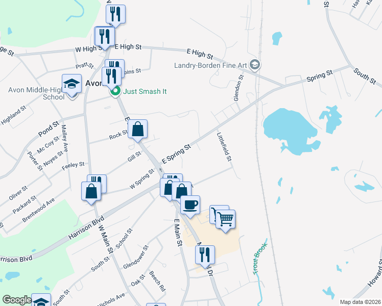 map of restaurants, bars, coffee shops, grocery stores, and more near 5 East Spring Street in Avon