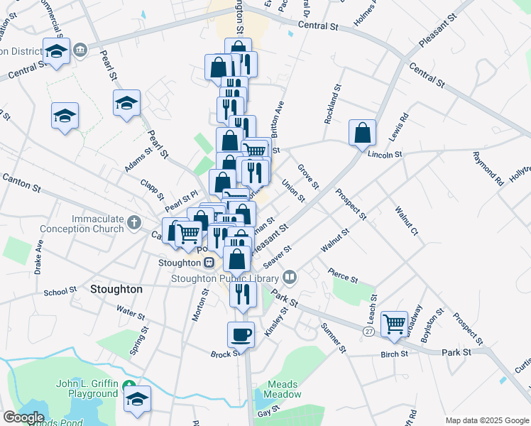 map of restaurants, bars, coffee shops, grocery stores, and more near 66 Freeman Street in Stoughton
