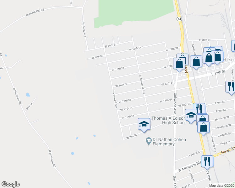 map of restaurants, bars, coffee shops, grocery stores, and more near 284 West 13th Street in Elmira Heights