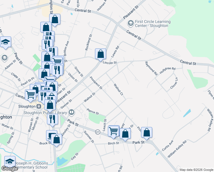 map of restaurants, bars, coffee shops, grocery stores, and more near 80 Prospect Street in Stoughton