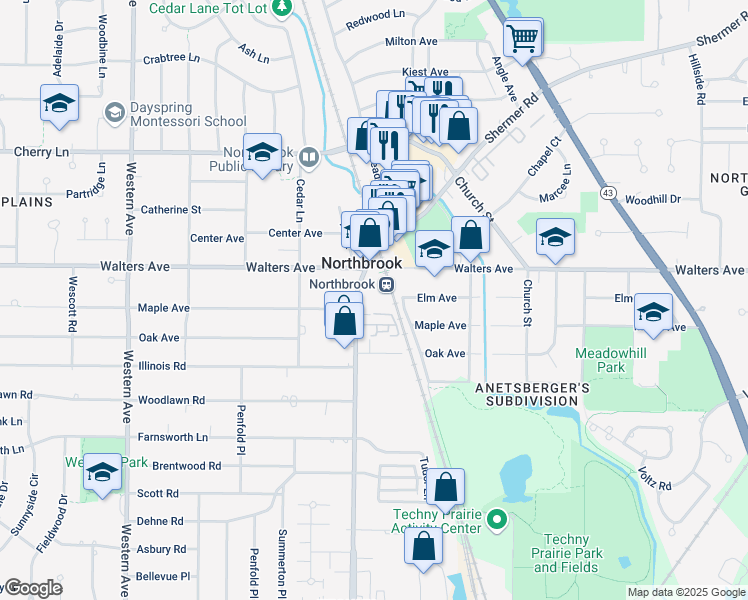 map of restaurants, bars, coffee shops, grocery stores, and more near 1425 Shermer Road in Northbrook