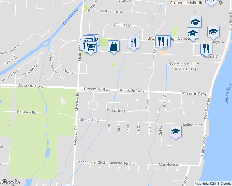 map of restaurants, bars, coffee shops, grocery stores, and more near 9400 Parke Lane in Grosse Ile Township