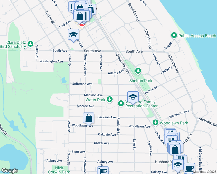 map of restaurants, bars, coffee shops, grocery stores, and more near 399 Madison Avenue in Glencoe