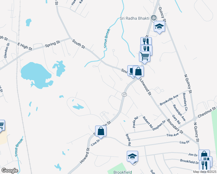 map of restaurants, bars, coffee shops, grocery stores, and more near 32 Upland Street in Holbrook