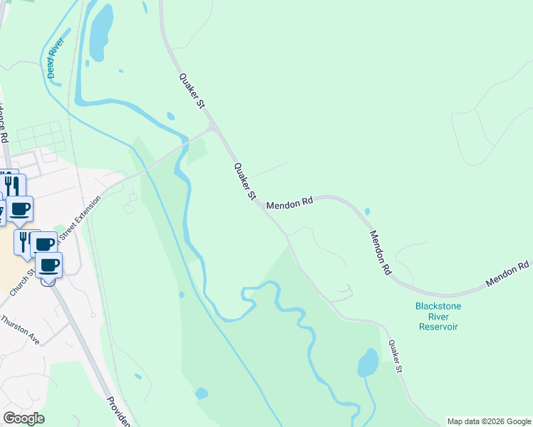 map of restaurants, bars, coffee shops, grocery stores, and more near 1131 Quaker Street in Northbridge