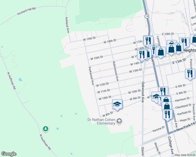 map of restaurants, bars, coffee shops, grocery stores, and more near 268 West 13th Street in Elmira Heights