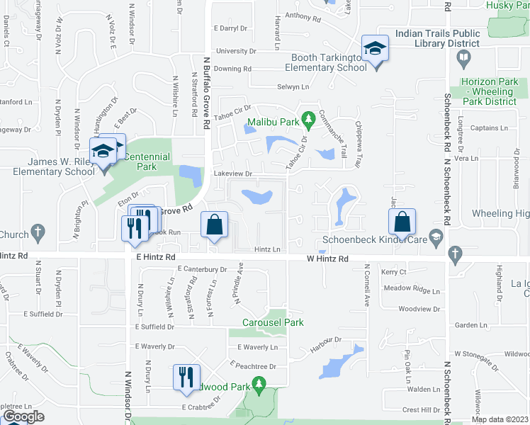 map of restaurants, bars, coffee shops, grocery stores, and more near 1601 Teal Lane in Wheeling