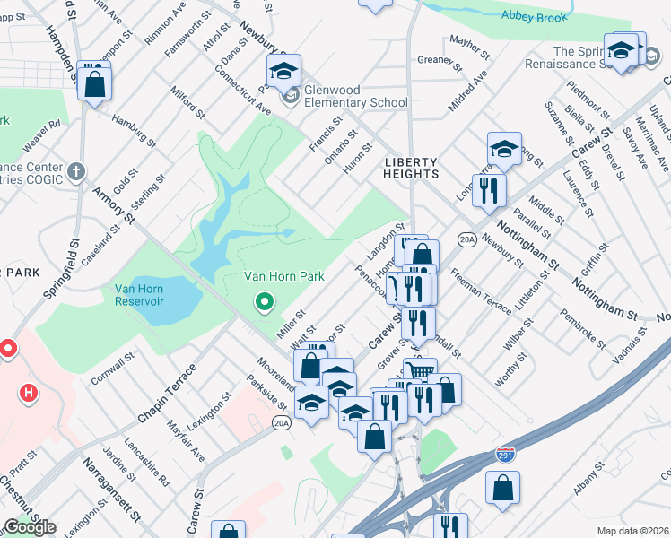 map of restaurants, bars, coffee shops, grocery stores, and more near 117 Miller Street in Springfield