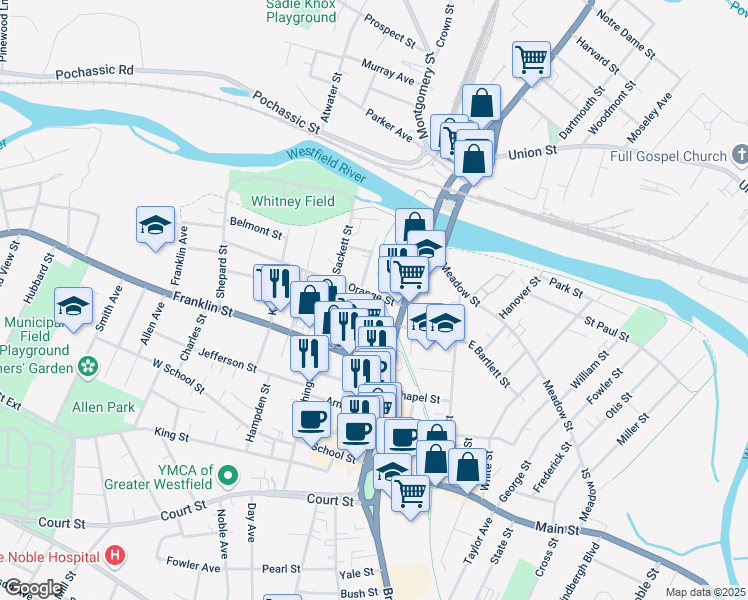 map of restaurants, bars, coffee shops, grocery stores, and more near 29 Maple Street in Westfield