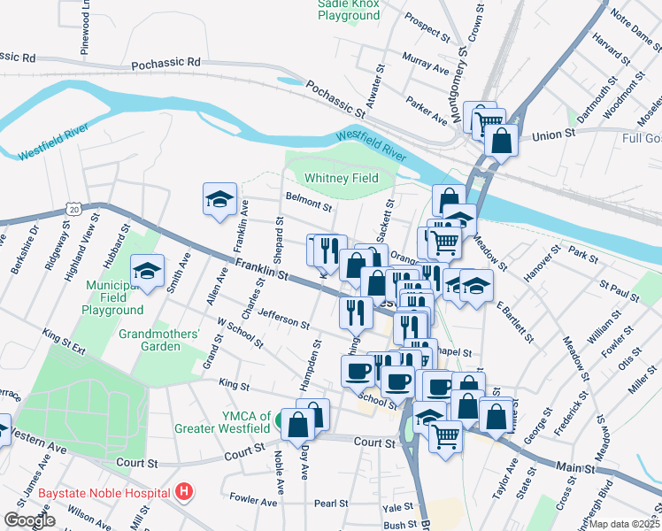 map of restaurants, bars, coffee shops, grocery stores, and more near 71 Franklin Street in Westfield