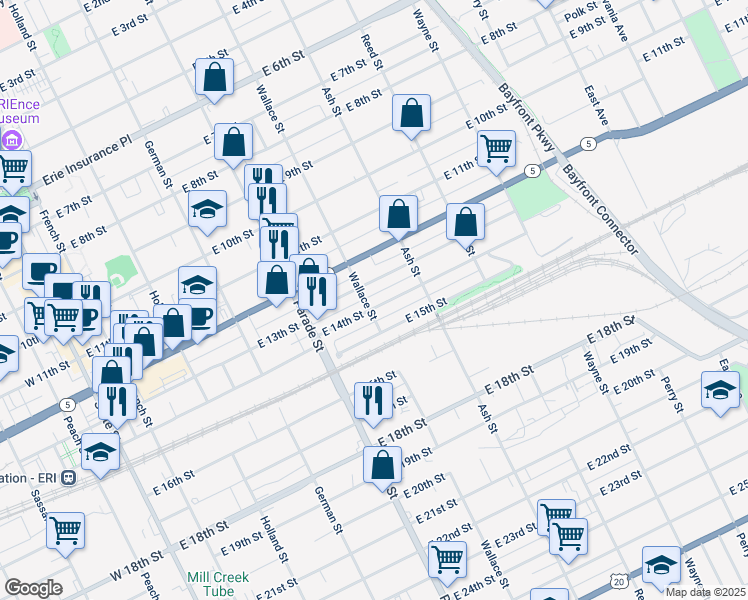 map of restaurants, bars, coffee shops, grocery stores, and more near 519 East 14th Street in Erie