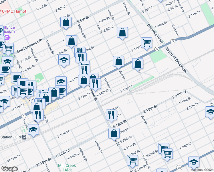map of restaurants, bars, coffee shops, grocery stores, and more near in Erie