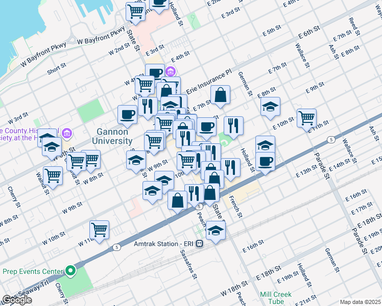map of restaurants, bars, coffee shops, grocery stores, and more near 11 East 9th Street in Erie