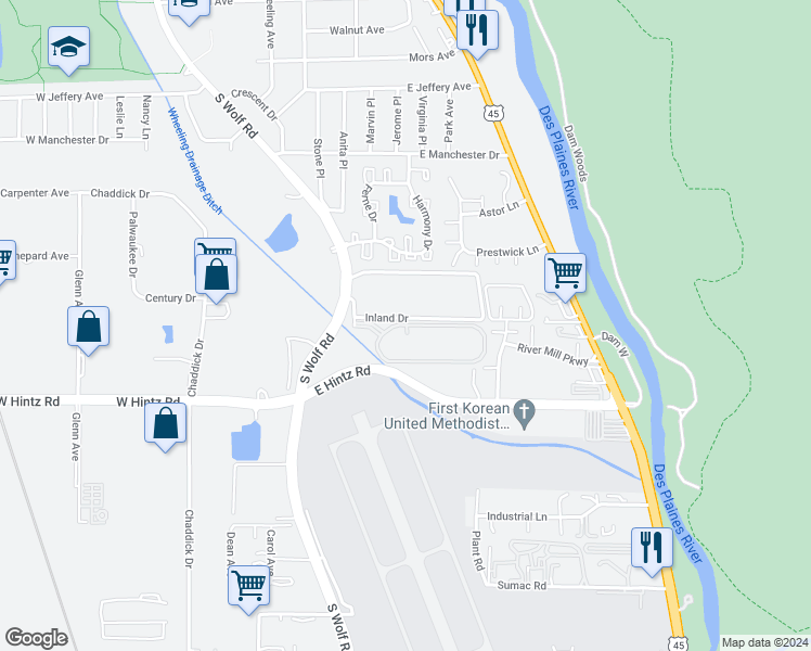 map of restaurants, bars, coffee shops, grocery stores, and more near 350 Plum Creek Drive in Wheeling