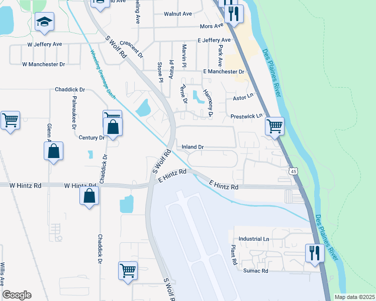map of restaurants, bars, coffee shops, grocery stores, and more near 350 Plum Creek Drive in Wheeling