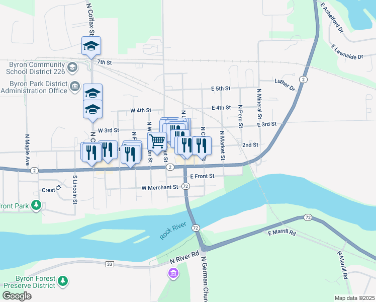 map of restaurants, bars, coffee shops, grocery stores, and more near 120 North Union Street in Byron