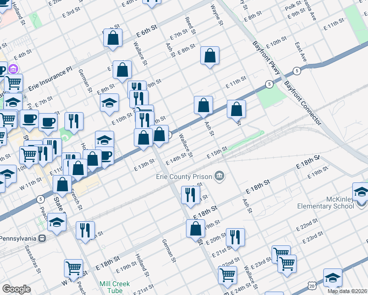 map of restaurants, bars, coffee shops, grocery stores, and more near in Erie