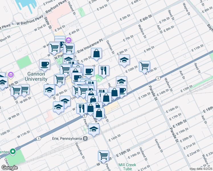map of restaurants, bars, coffee shops, grocery stores, and more near 155 East 10th Street in Erie