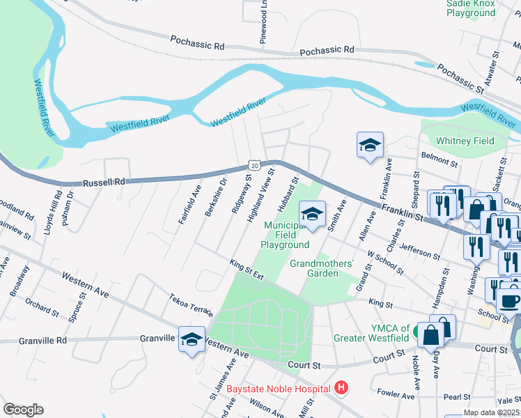 map of restaurants, bars, coffee shops, grocery stores, and more near 80 Highland View Street in Westfield