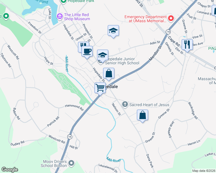 map of restaurants, bars, coffee shops, grocery stores, and more near in Hopedale