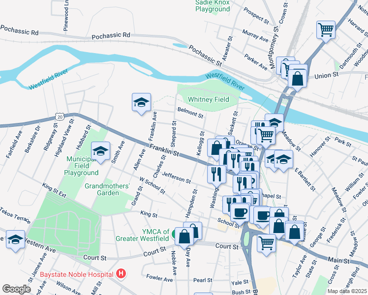 map of restaurants, bars, coffee shops, grocery stores, and more near 87 Franklin Street in Westfield