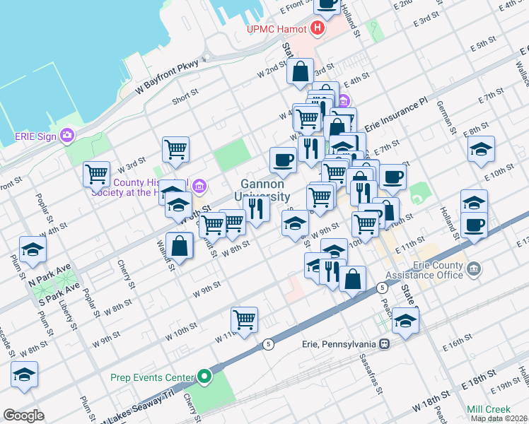 map of restaurants, bars, coffee shops, grocery stores, and more near 248 West 8th Street in Erie