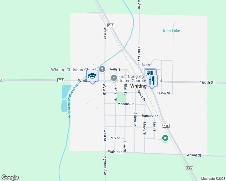map of restaurants, bars, coffee shops, grocery stores, and more near Williard Street in Whiting