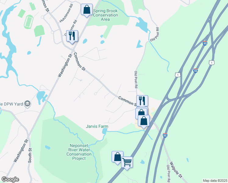 map of restaurants, bars, coffee shops, grocery stores, and more near 638 Common Street in Walpole