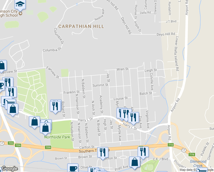 map of restaurants, bars, coffee shops, grocery stores, and more near 26 Summit Street in Johnson City