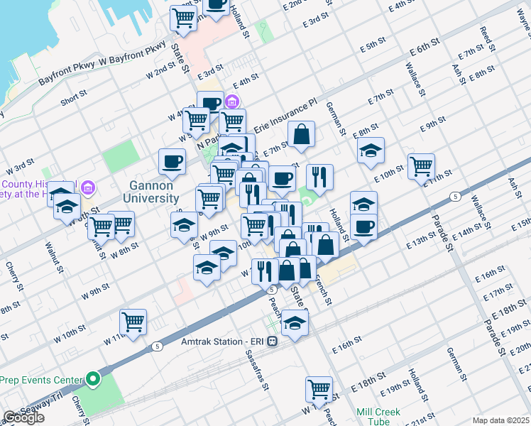 map of restaurants, bars, coffee shops, grocery stores, and more near 12 East 10th Street in Erie