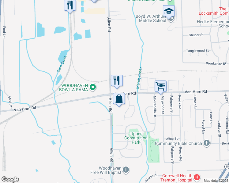map of restaurants, bars, coffee shops, grocery stores, and more near 25025 Allen Road in Woodhaven