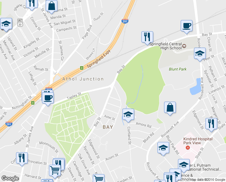 map of restaurants, bars, coffee shops, grocery stores, and more near 725 Bay St in Springfield