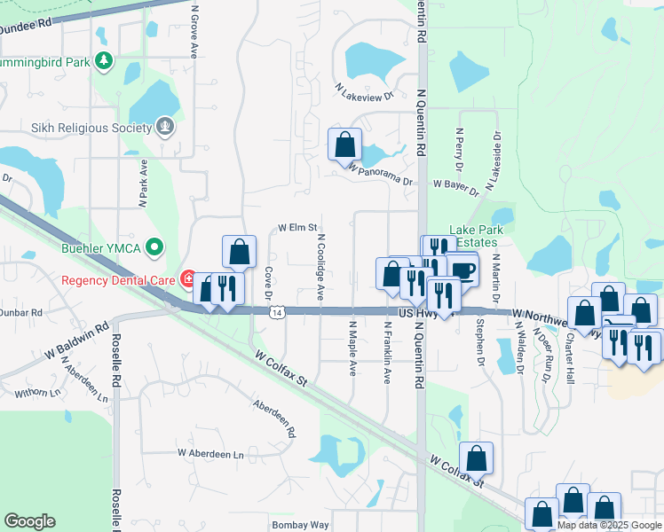 map of restaurants, bars, coffee shops, grocery stores, and more near 891 North Coolidge Avenue in Palatine