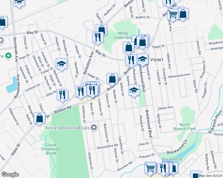 map of restaurants, bars, coffee shops, grocery stores, and more near 235 Boston Road in Springfield