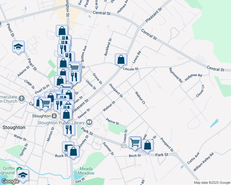 map of restaurants, bars, coffee shops, grocery stores, and more near 60 Chestnut Street in Stoughton