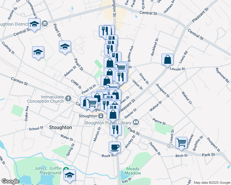 map of restaurants, bars, coffee shops, grocery stores, and more near 76 Porter Street in Stoughton
