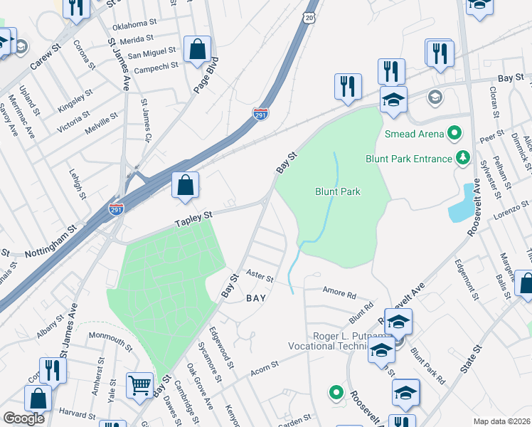 map of restaurants, bars, coffee shops, grocery stores, and more near 18 Baywood Street in Springfield