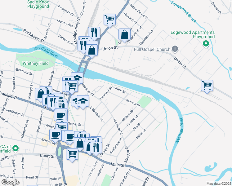 map of restaurants, bars, coffee shops, grocery stores, and more near 14 Saint Paul Street in Westfield