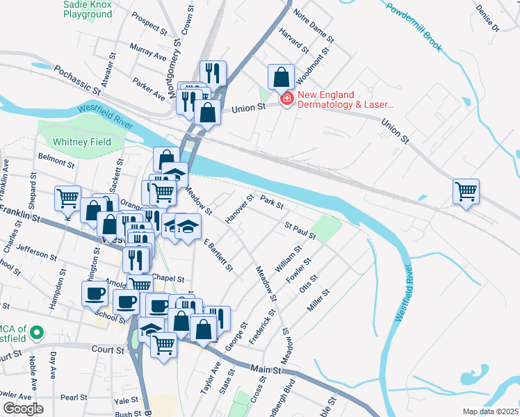 map of restaurants, bars, coffee shops, grocery stores, and more near 14 Saint Paul Street in Westfield