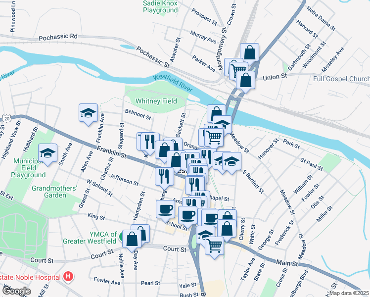 map of restaurants, bars, coffee shops, grocery stores, and more near 8 Morris Street in Westfield
