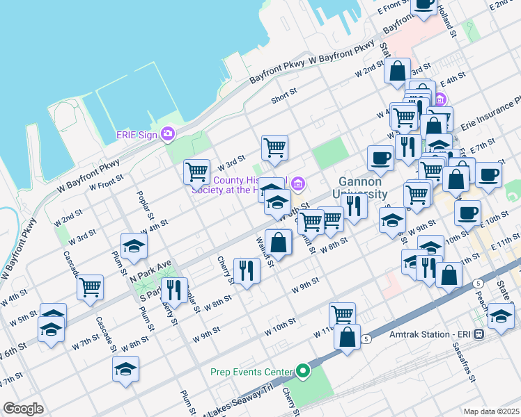 map of restaurants, bars, coffee shops, grocery stores, and more near 446 West 6th Street in Erie