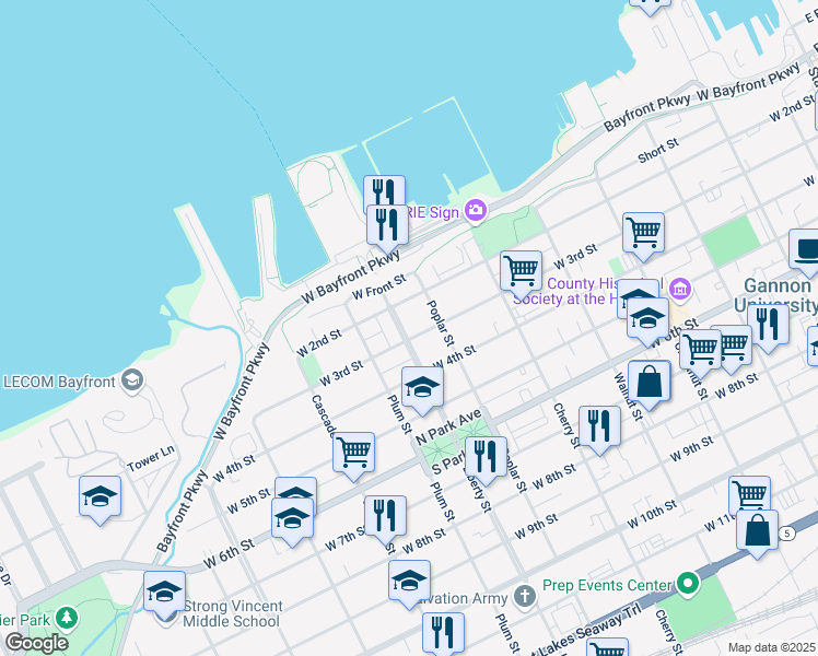 map of restaurants, bars, coffee shops, grocery stores, and more near 801 West 3rd Street in Erie