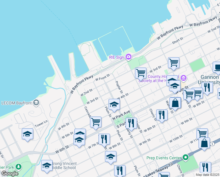 map of restaurants, bars, coffee shops, grocery stores, and more near 801 West 3rd Street in Erie