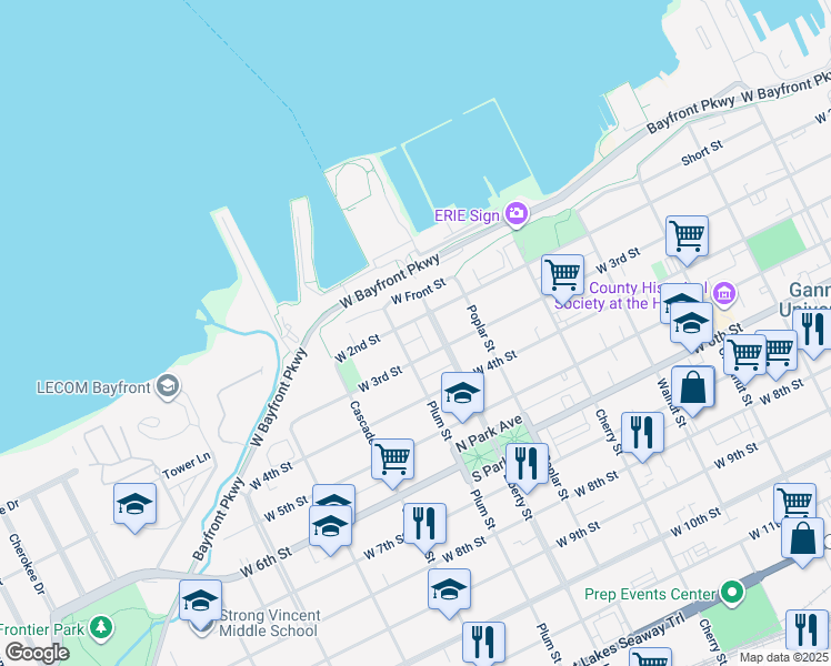 map of restaurants, bars, coffee shops, grocery stores, and more near 210 Plum Street in Erie