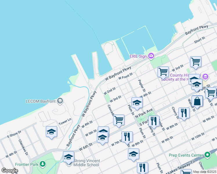 map of restaurants, bars, coffee shops, grocery stores, and more near 941 West 2nd Street in Erie