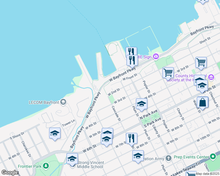 map of restaurants, bars, coffee shops, grocery stores, and more near 941 West 2nd Street in Erie