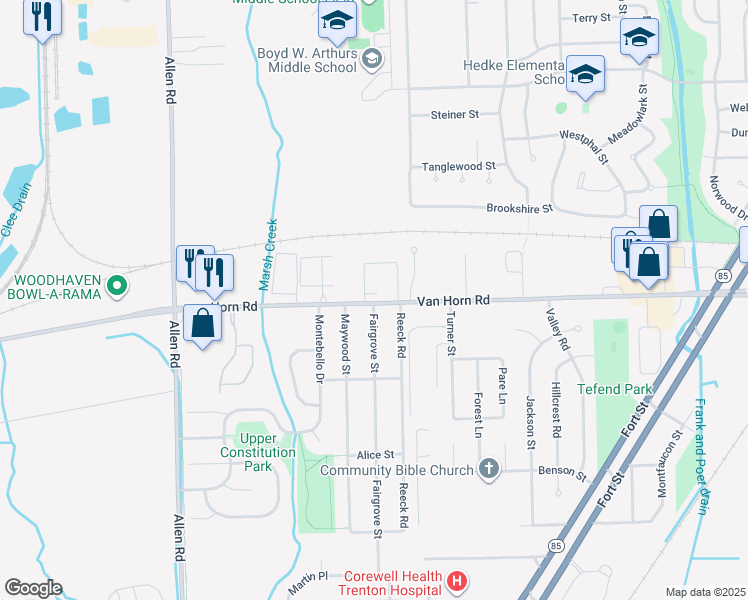 map of restaurants, bars, coffee shops, grocery stores, and more near 18475 Van Horn Road in Trenton