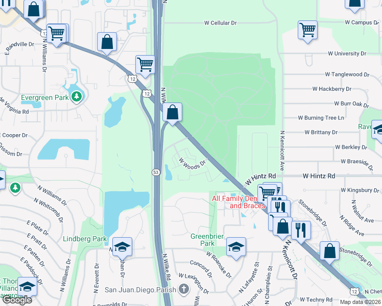 map of restaurants, bars, coffee shops, grocery stores, and more near 1606 West Woods Drive in Arlington Heights