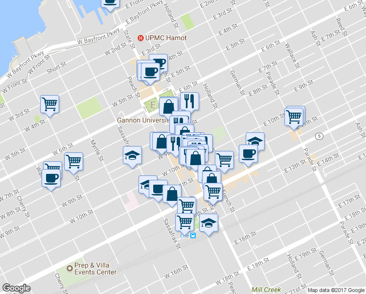 map of restaurants, bars, coffee shops, grocery stores, and more near in Erie