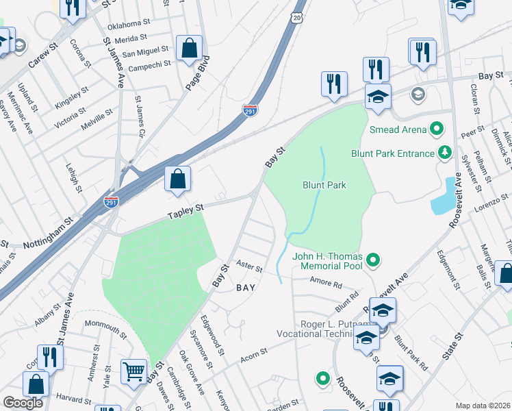 map of restaurants, bars, coffee shops, grocery stores, and more near 18 Baywood Street in Springfield